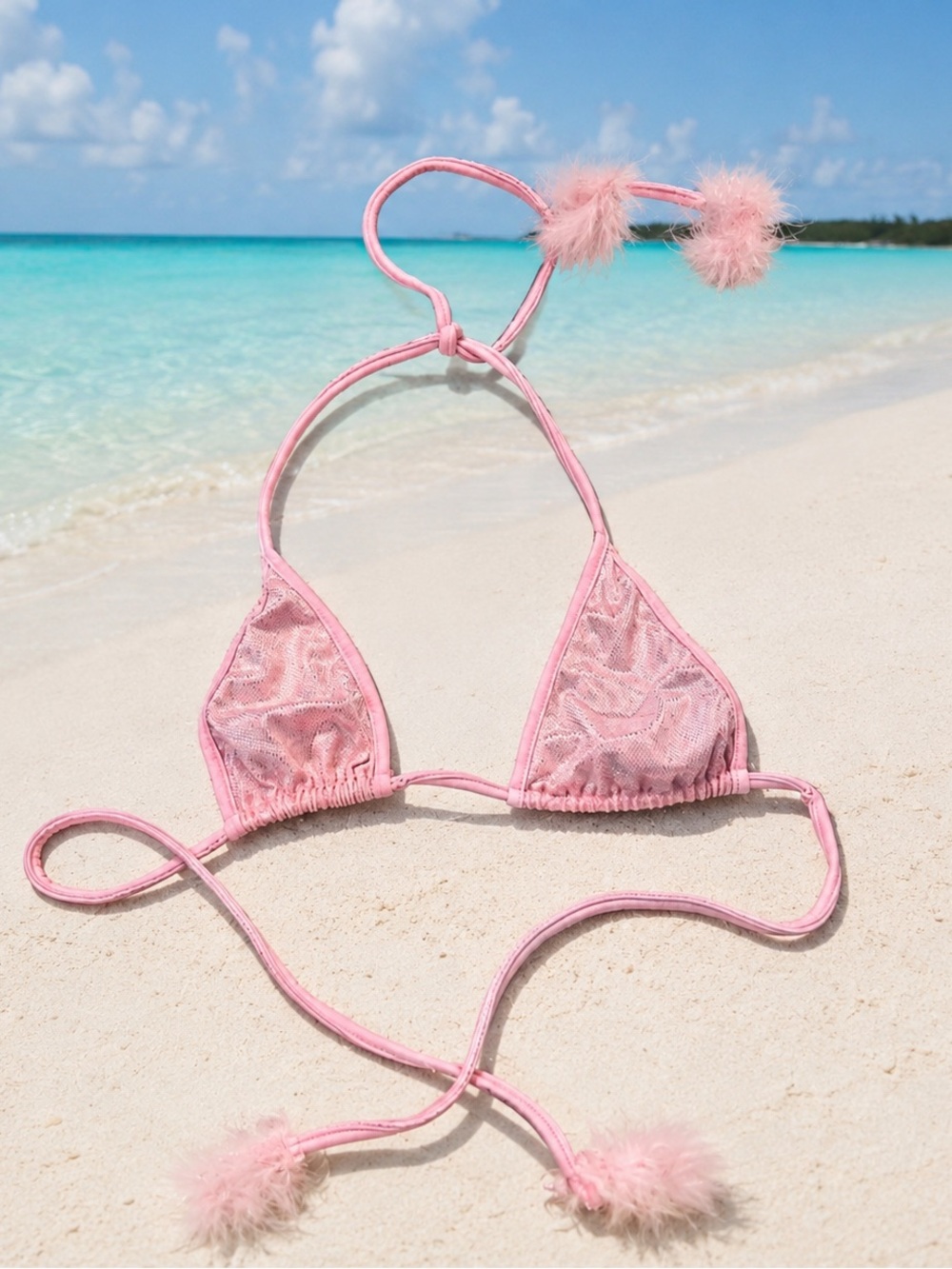 👙 RARE Pink Feather Trim Mermaid 🧜‍♀️ Custom Bikini Top - One Of A Kind One Size